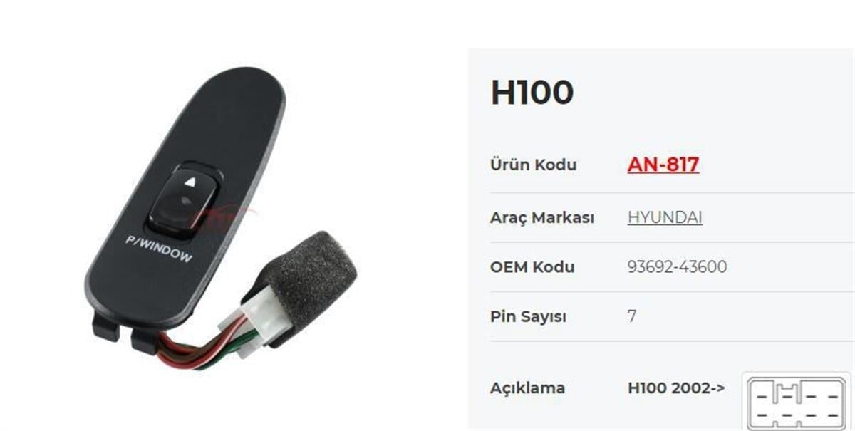 Hyundai H100 Cam Açma Anahtarı Sağ Mcar Tekli 2002=>