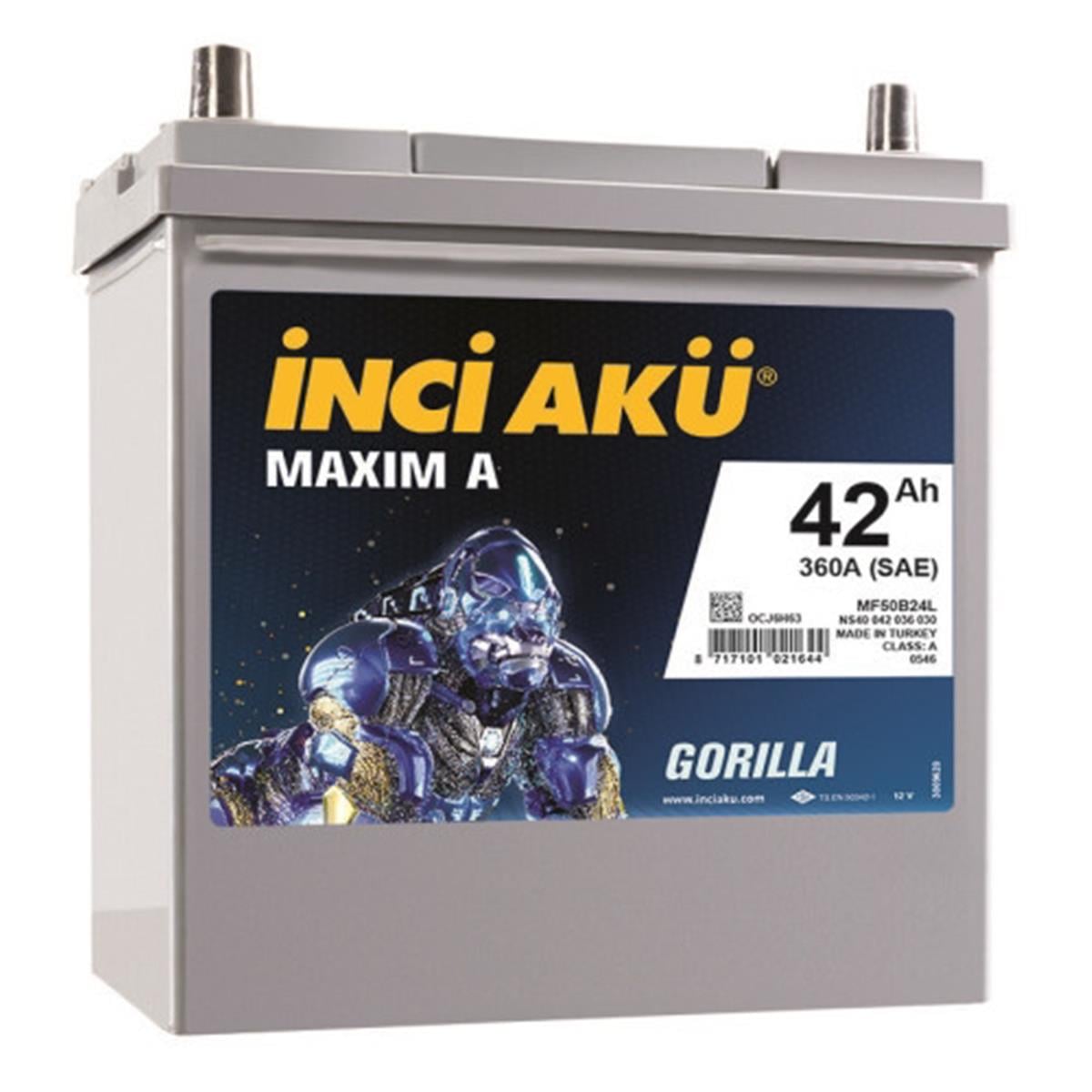 İnci Akü 12V 42Ah 360 Sae Ns40 Maxım A Gorılla ( İnce Kutup ) 197*129*224