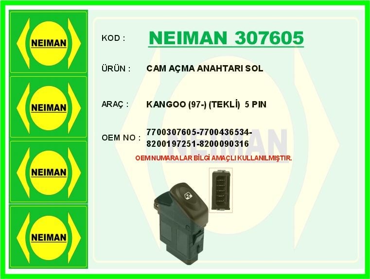 Renault Kangoo Sol Cam Açma Anahtarı Tekli 5 Pin BESCHER