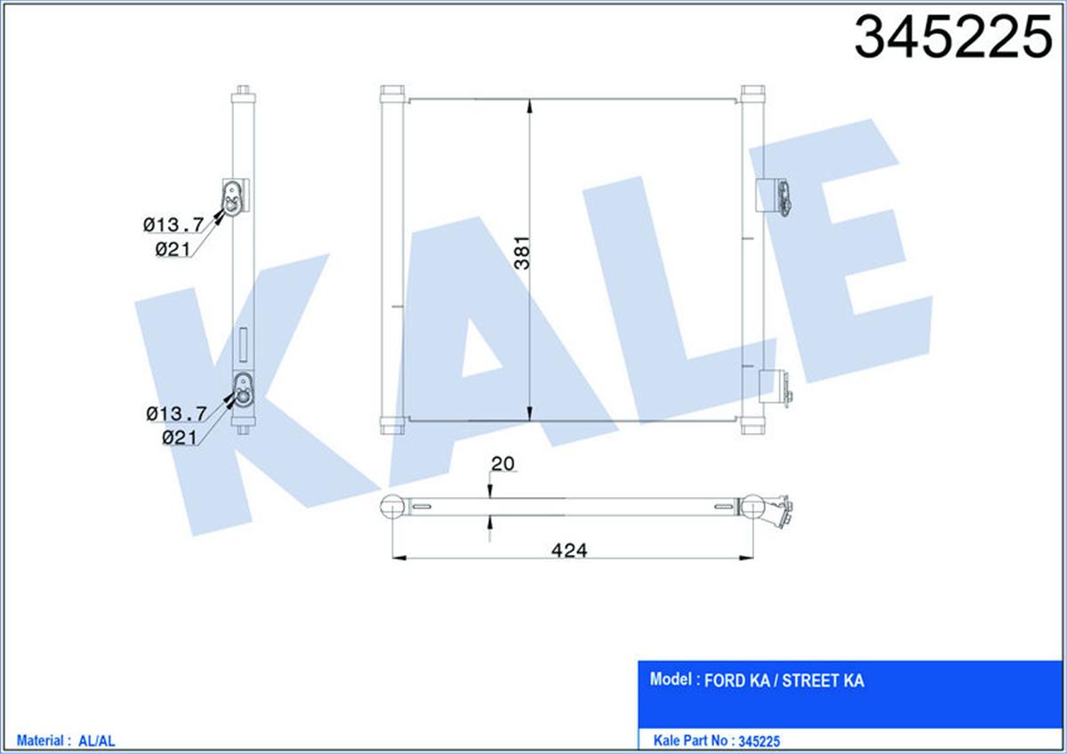 Klima Radyatörü Kondenser Ford Ka 1.3İ-1.6İ 96-08 381X445x16 Al/Al