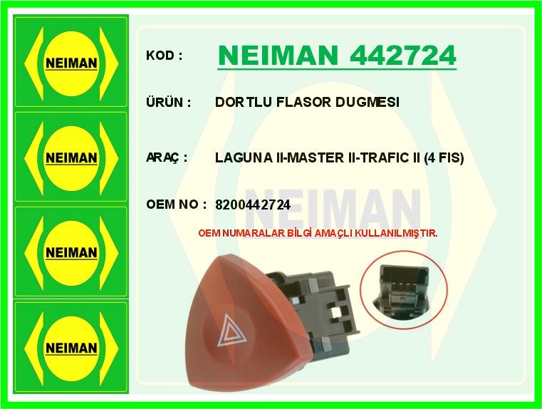 Renault Laguna 2 Master 2 Trafic 2 Dörtlü Flaşör Düğmesi 4 Fiş BESCHER