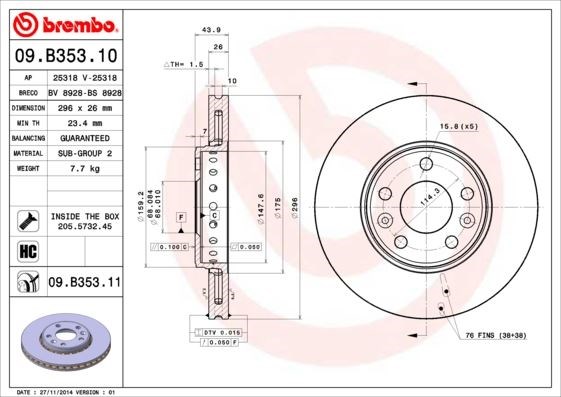 Renault Laguna III Ön Fren Aynası [296x26, Havalı, 5 Delik] BREMBO