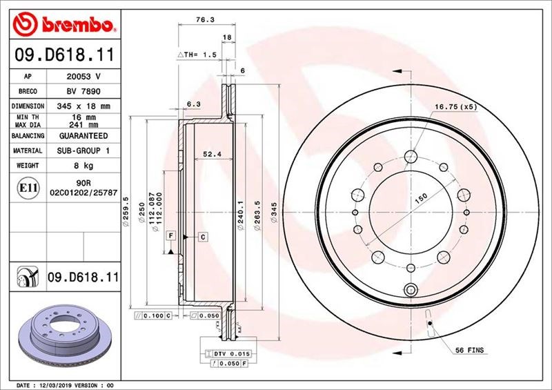 Toyota Land Cruiser Arka Fren Diski Havalı UV Coated BREMBO
