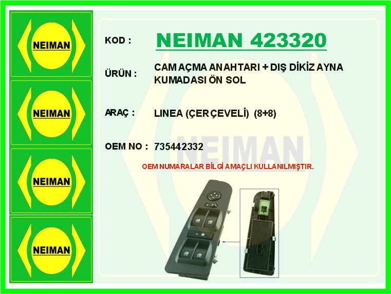 Fiat Linea Cam Açma Anahtarı Dış Dikiz Ayna Kumandası Ön Sol Çerçeveli BESCHER