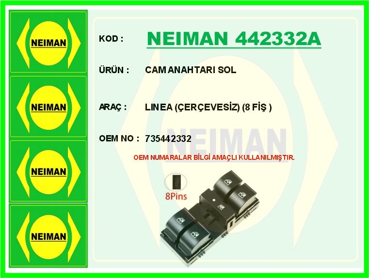 Fiat Linea Ön Sol Cam Açma Anahtarı Kumanda Grubu Çerçeveli 8 Fişli BESCHER