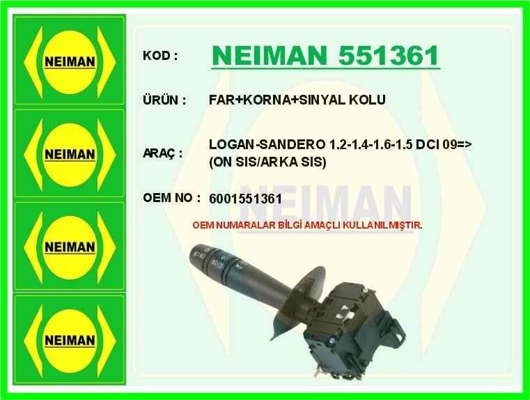 Dacia Logan Sandero 1.2 1.4 1.6 1.5 DCİ Ön Sis Arka Sis Far Korna Sinyal Kolu BESCHER