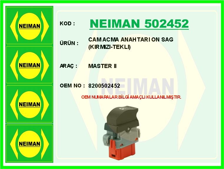 Renault Master 2 Ön Sağ Kırmızı Tekli Cam Açma Anahtarı BESCHER