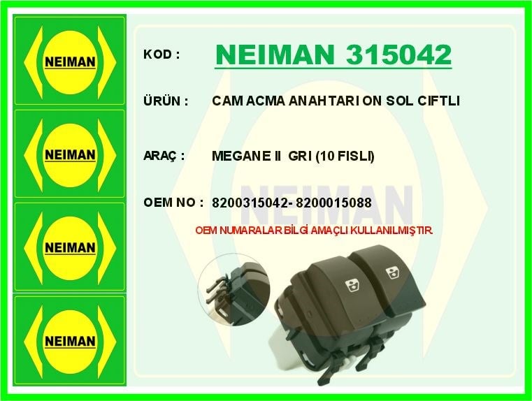 Renault Megane 2 Ön Sol Çiftli Cam Açma Anahtarı Gri 10 Fişli BESCHER