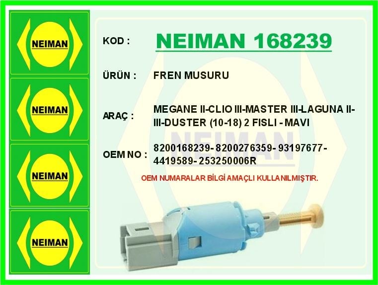 Renault Megane 2 Clio 3 Master 3 Laguna 2 3 Duster Fren Müşürü Mavi 2 Fişli BESCHER