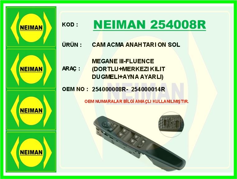 Renault Megane 3 Ön Sol Cam Açma Anahtarı Dörtlü Merkezi Kilit Düğmeli Ayna... BESCHER