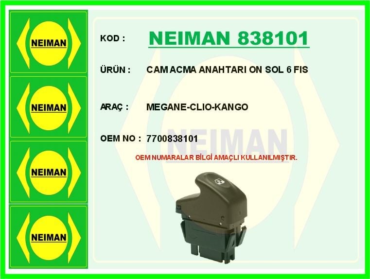 Renault Megane Cam Açma Anahtarı Ön Sol 6 Fiş BESCHER