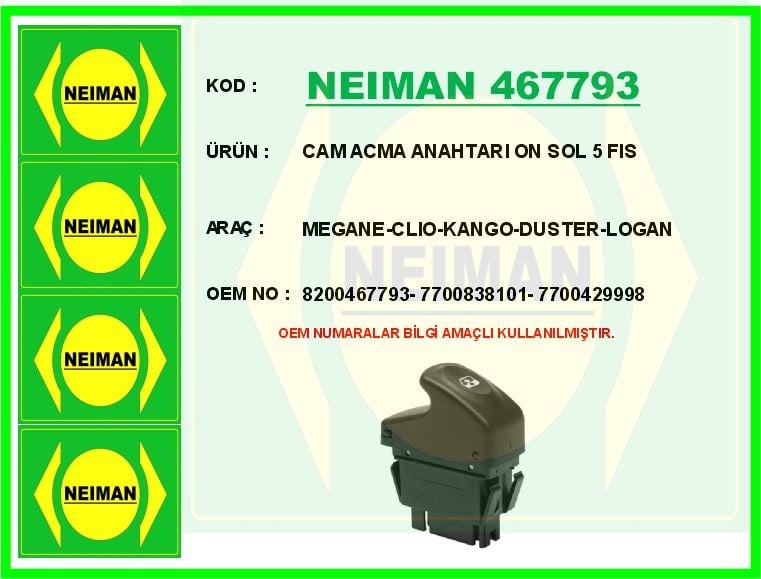 Renault Megane Clio Kangoo Duster Logan Ön Sol Cam Açma Anahtarı 5 Fiş BESCHER