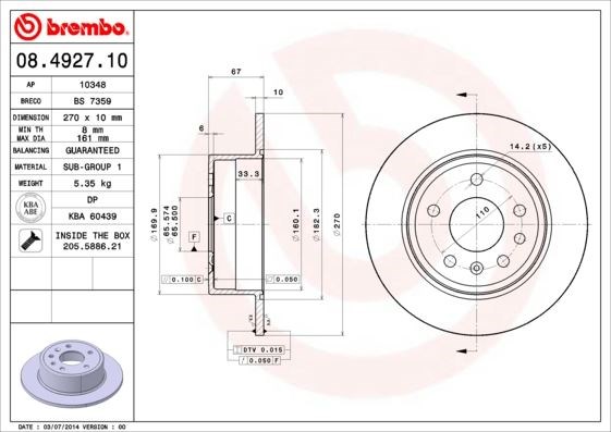 Opel Omega A 86>94 Senator B 87>93 Arka Fren Aynası Dolu 270x66x5DL BREMBO