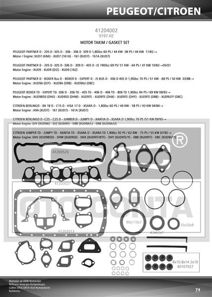 Peugeot Partner Motor Takım Contası SKC Siz Viton Keçeli 1.9 DZL... OTOCONTA