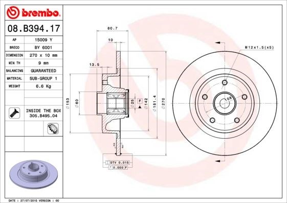 Renault Arka Fren Diski Rulman Kiti ile BREMBO