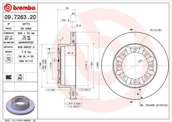 Renault Mascott Arka Fren Aynası [290x22x78 8 Delik] BREMBO
