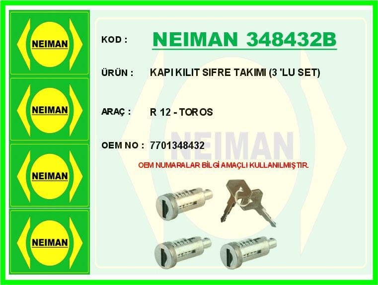 Renault R12 Toros Kapı Kilit Şifre Takımı 3'lü Set BESCHER