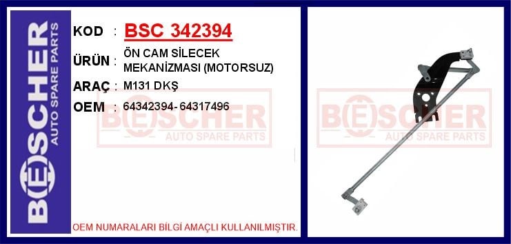 Tofaş Şahin Doğan Kartal Ön Cam Silecek Mekanizması Motorsuz BESCHER
