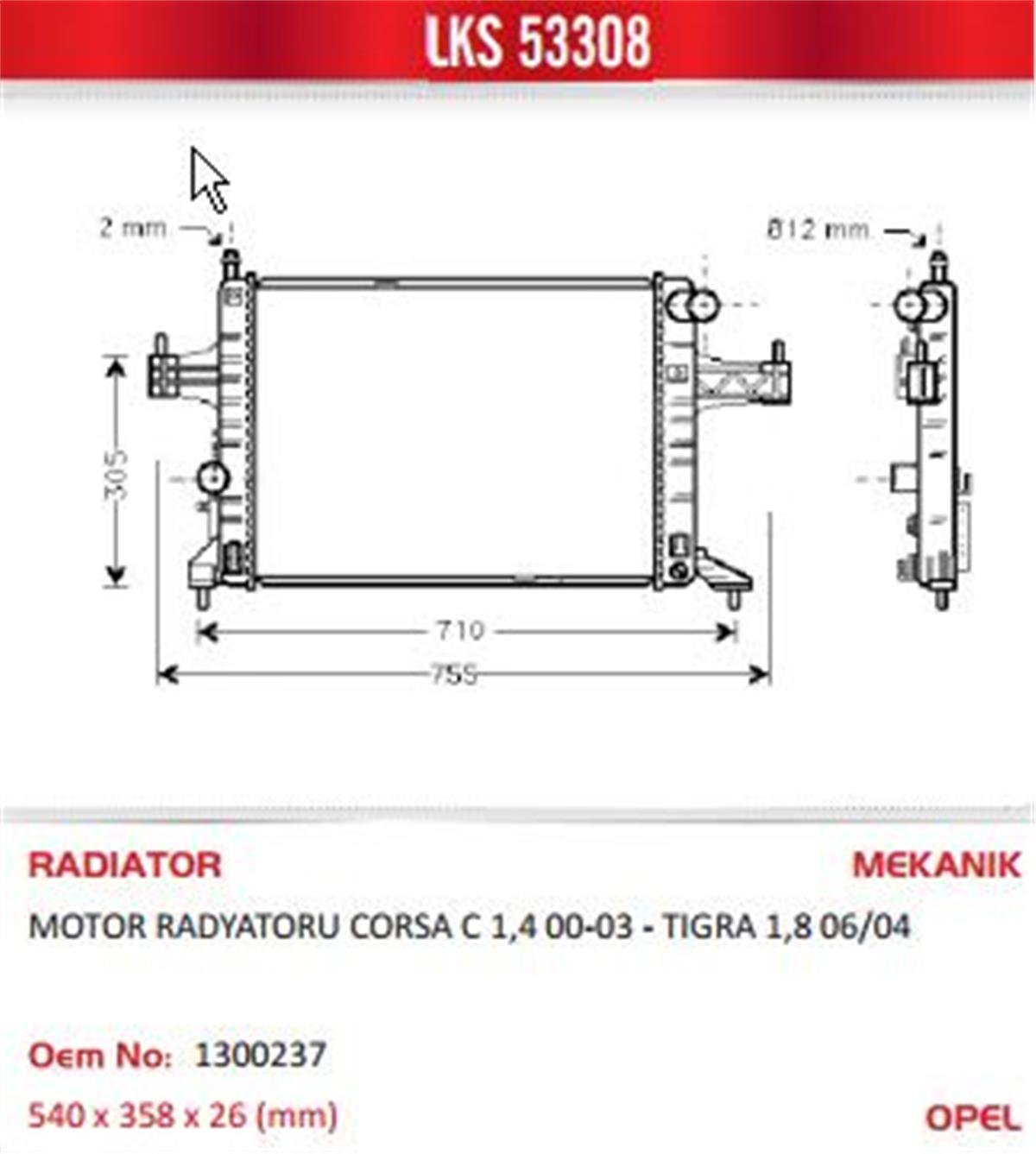 Su Radyatörü Opel Corsa C 1.4 1.8 00=>Combo 1.6 1.6Cng 01=>Tıgra 1.8 04=> (Mt) (