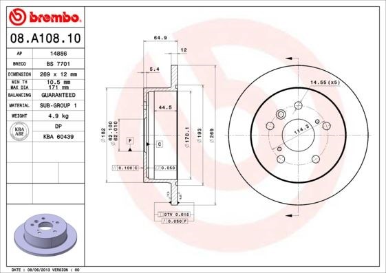 Toyota Arka Standart Fren Diski BREMBO