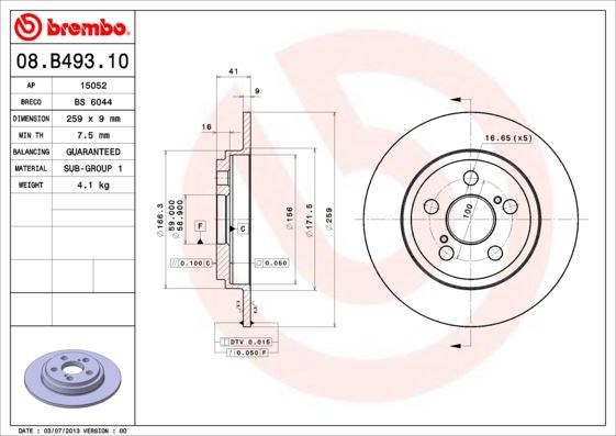 Toyota Arka Fren Diski Standard BREMBO