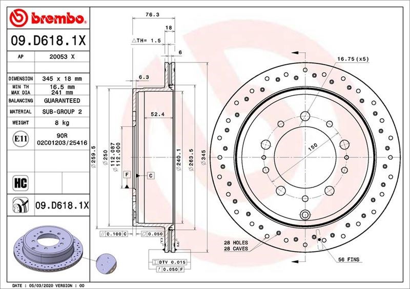 Toyota Arka Fren Diski Xtra BREMBO