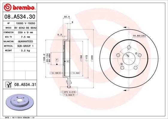 Toyota Arka Fren Diski UV Kaplamalı BREMBO