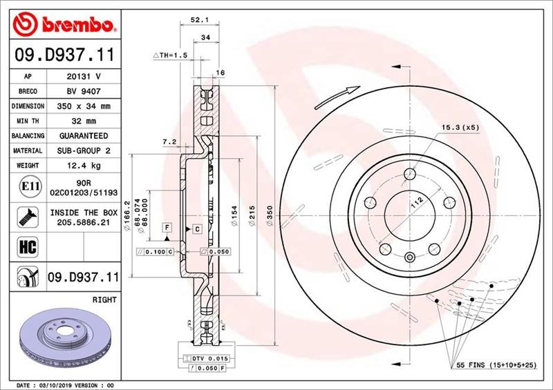 Ön Fren Diski 350/34-32 MM Kaplamalı Yüksek Karbon Alaşımlı BREMBO