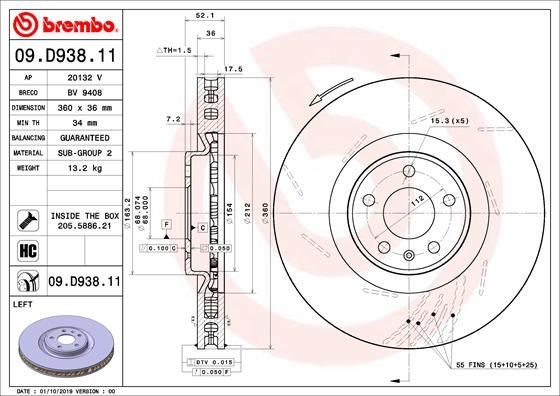 Ön Fren Diski 360/36-34 MM Kaplamalı Yüksek Karbon Alaşımlı BREMBO