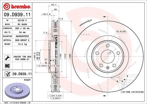 Ön Fren Diski 360/36-34 MM Kaplamalı Yüksek Karbon Alaşımlı BREMBO