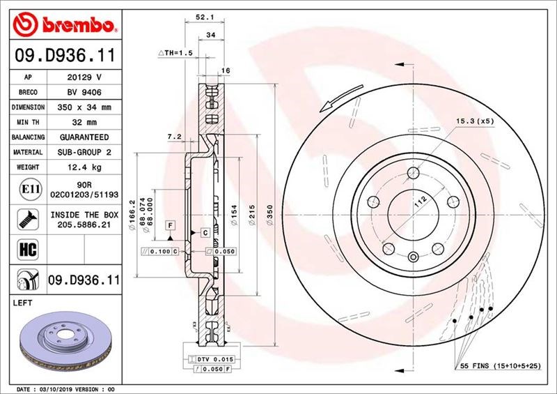 Ön Fren Diski 350/34-32 MM Kaplamalı Yüksek Karbon Alaşımlı BREMBO