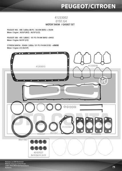Citroen Xsara Motor Takım Conta Alt/Üst Full Keçeli-Subap Lastikli BFZ XU5JP... OTOCONTA