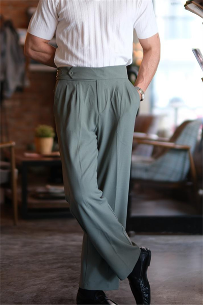 İtalyan Model Toka Detaylı Montiero  Pileli Baggy Kumaş Pantolon Çağla Yeşil