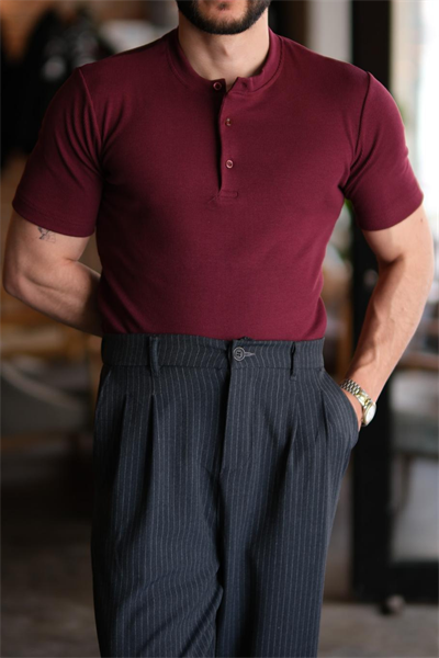 Roventi Henley Yaka Pamuklu Old Money T-shirt Bordo