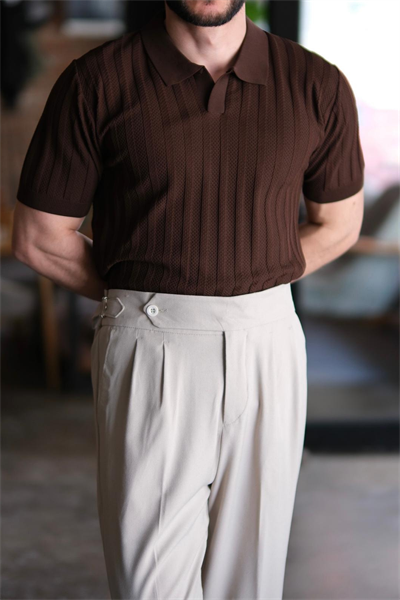 Rupert Kendinden Şeritli Old Money Polo Yaka T-shirt Acı Kahve 