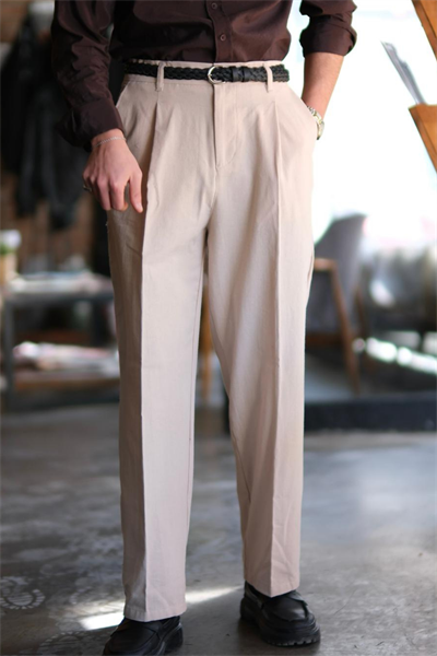 Valeria %100 Ham Keten Old Money Pileli Baggy Pantolon Bej