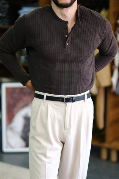 Venezia Henley Old Money Pamuklu Triko Koyu Kahve VV