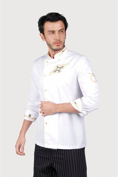 Beyaz Gold Biyeli Sarı Motifli Chef Ceket