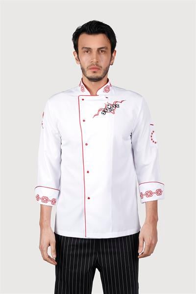 Beyaz Kırmız Biyeli Kırmızı Keçiboynuz Desenli Chef Ceket