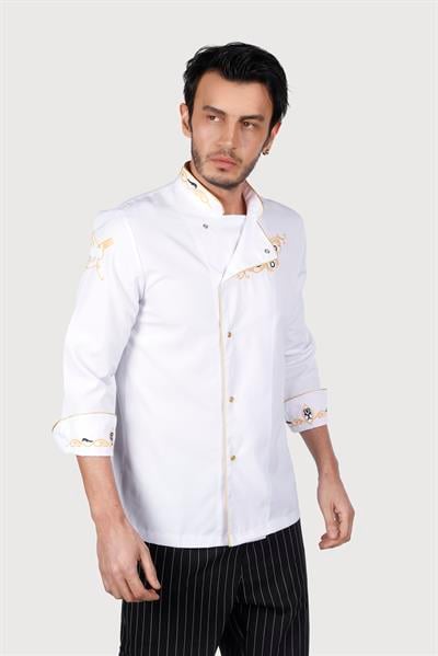 Çini Karo Desen Beyaz Gold Biye Chef Ceket