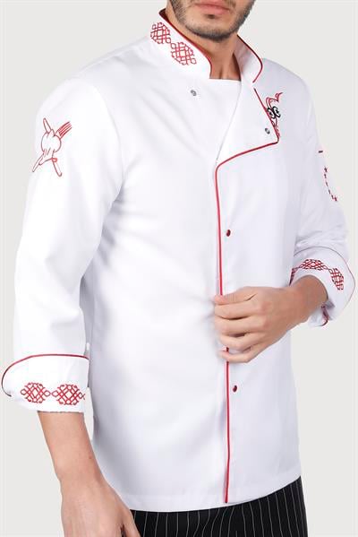 Lale Desenli Ayyıldız Beyaz Kırmızı Biye Chef Ceket