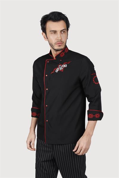 Siyah Kırmızı Biyeli Kırmızı Keçiboynuz Desenli Chef Ceket