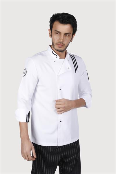 Üç Çizgili Beyaz Siyah Nakış Chef Ceket