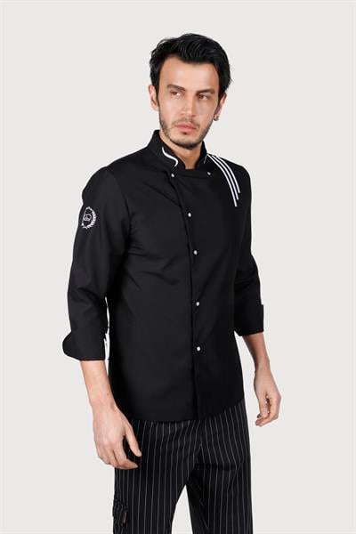 Üç Çizgili Siyah Beyaz Nakış Chef Ceket