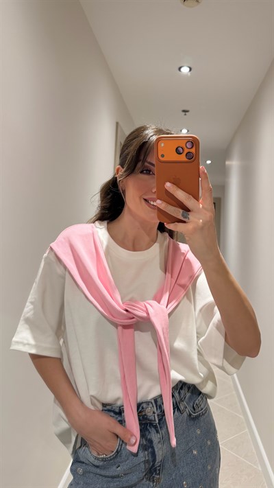 BEYAZ PEMBE ŞAL BAĞLAMA DETAYLI TİŞÖRT