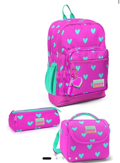 Coral High Kids Neon Pembe Su Yeşili Kalp Desenli 3'lü Okul Çanta Seti