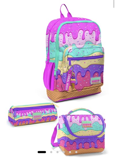 Coral High Kids Pembe Rengarenk Dondurma Desenli 3'lü Okul Çanta Seti SET0123731