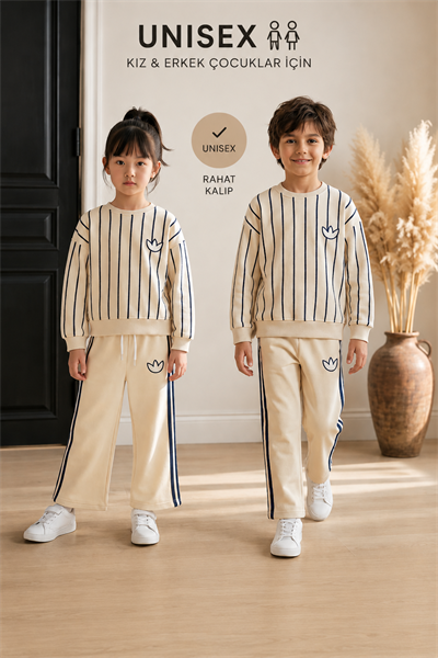 Logolu Çizgili Ekru Unisex Çocuk 2'li Takım