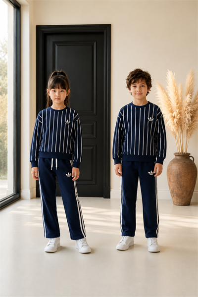 Logolu Çizgili Lacivert Unisex Çocuk 2'li Takım