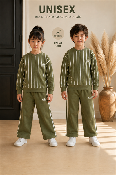 Logolu Çizgili Yeşil Unisex Çocuk 2'li Takım
